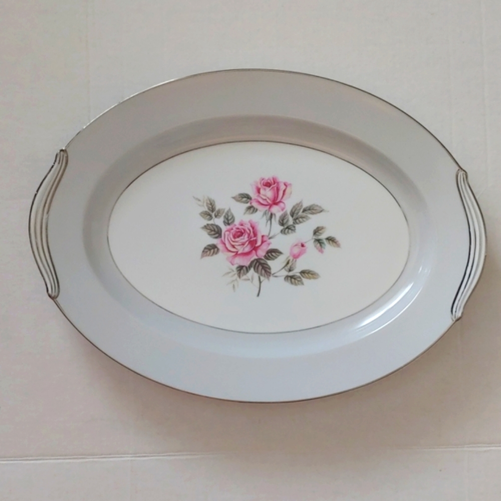 Noritake "Arlington" Fine Porcelain Silver Rimmed Oval Serving Platter. Japan